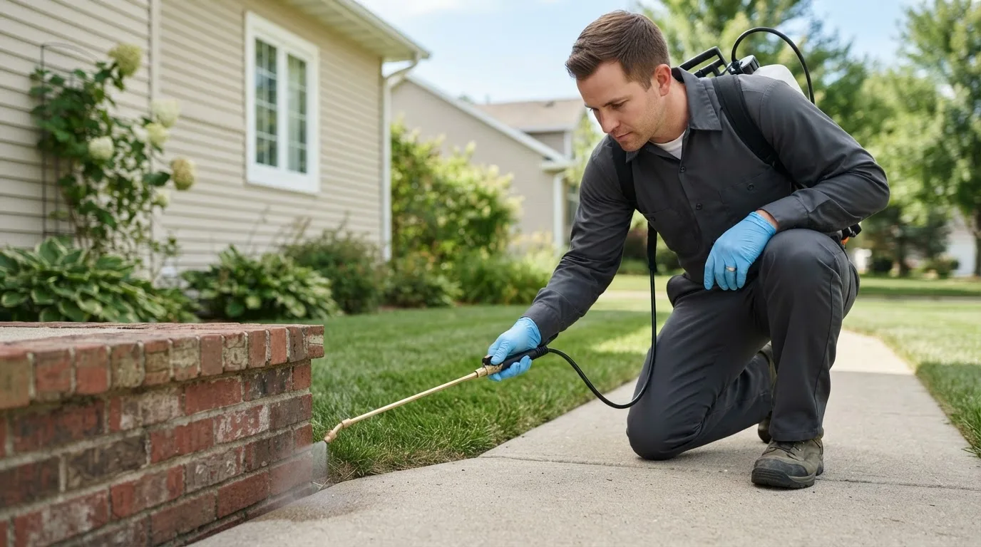 Pest control technician treating a home near Avon, NC